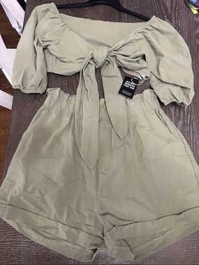 High-Waist Paperbag Shorts in Olive Green - Women's High Rise Shorts